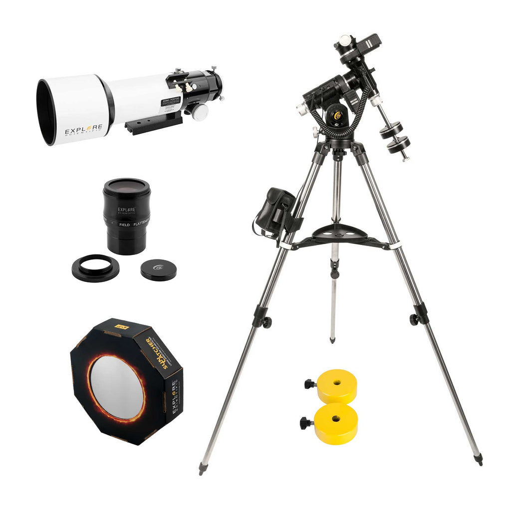 Explore Scientific ED80-FCD100 Series Air-Spaced Triplet Refractor Telescope with iEXOS-100-2 PMC-Eight Equatorial Tracker System with WiFi and Explore Scientific ED80-FCD100 Series Air-Spaced Triplet Refractor Telescope with iEXOS-100-2 PMC-Eight Equatorial Tracker System with WiFi and